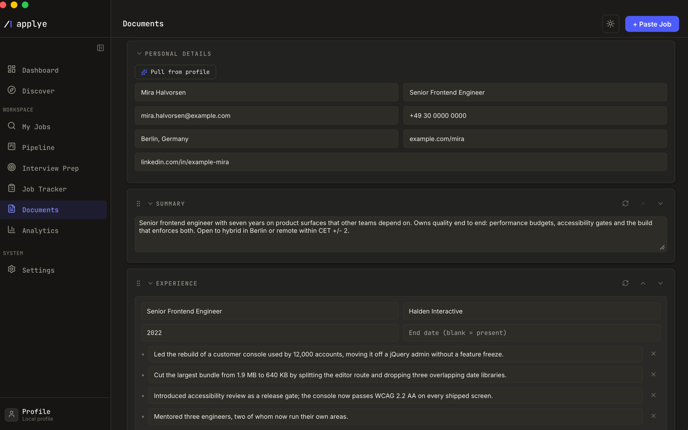 The CV editor, scrolled to the section stack. Personal details is open with the
applicant's name, title, email, phone, city and links, and a Pull from profile button
above them. Summary follows, holding an editable paragraph. Experience follows that,
with a role, employer, start year, an empty end date labelled blank equals present, and
four bullet points, each removable. Every movable section carries a drag handle on the
left and regenerate and reorder controls on the right.