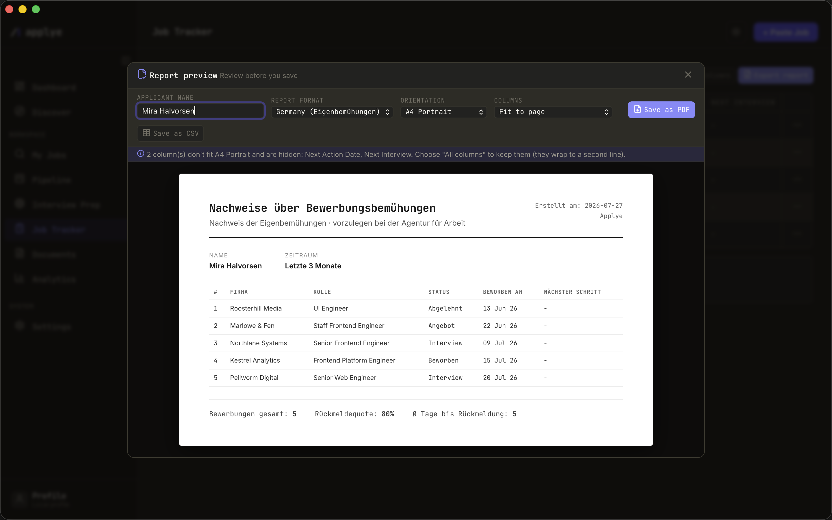 The report preview dialog. Controls across the top set the applicant name, the report
format (Germany, Eigenbemühungen), the orientation (A4 portrait) and how columns fit,
with buttons to save as PDF or CSV. A notice says two columns do not fit A4 portrait and
are hidden. The preview below is the German document: Nachweise über
Bewerbungsbemühungen, to be presented to the Agentur für Arbeit, with the applicant, the
period, and five applications with German column headings and statuses.